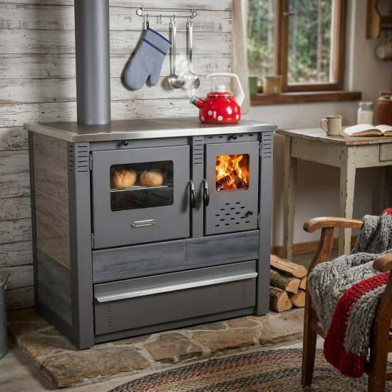 EEK A+ Küchenofen Holzherd PANONIA Kacheln schwarz, linke Version - 8,5 kW Dauerbrandherd