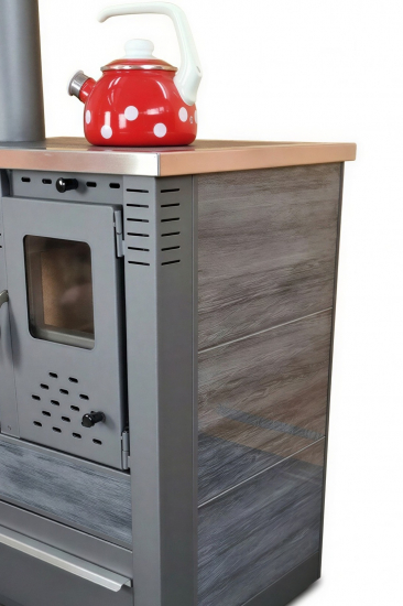 EEK A+ Küchenofen Holzherd PANONIA Kacheln schwarz, linke Version - 8,5 kW Dauerbrandherd