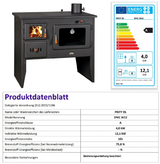 EEK A Wasserführender Küchenofen PRITY W12 1P41 mit XL-Backofen – 16kW + BIMSCHV II