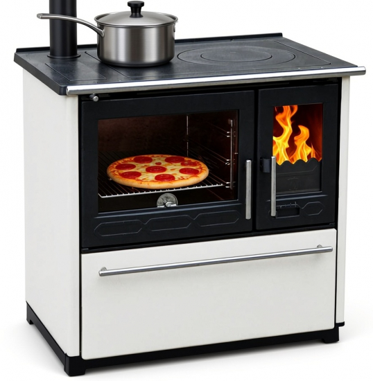 EEK A+ Küchenofen Holzherd Plamen 850 weiß, linke Version - 8 kW Dauerbrandherd