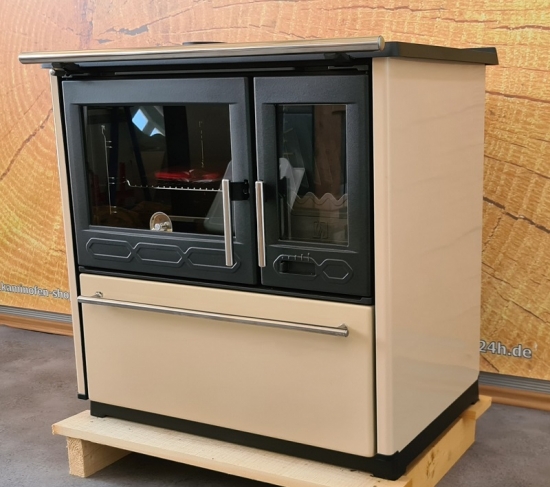 EEK A+ Küchenofen Holzherd Plamen 850 creme, linke Version - 8 kW Dauerbrandherd