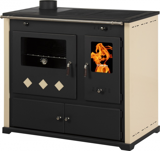 EEK A+ Küchenofen Holzherd Practik LUX creme, linke Version - 9,5 kW, ext. Zuluft - Dauerbrand