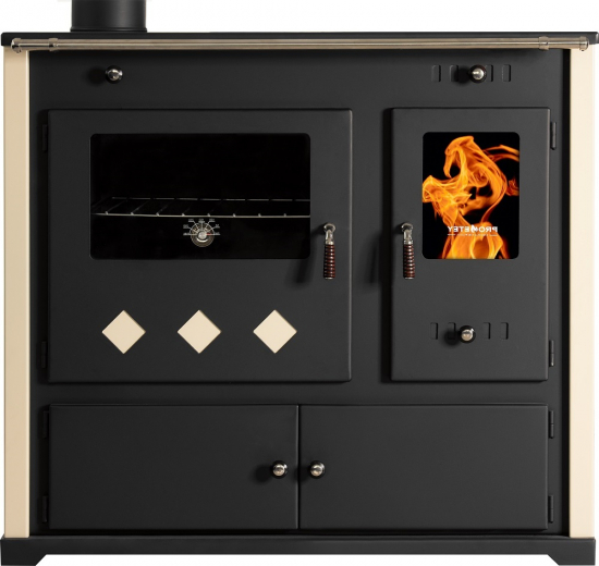 EEK A+ Küchenofen Holzherd Practik LUX creme, linke Version - 9,5 kW, ext. Zuluft - Dauerbrand