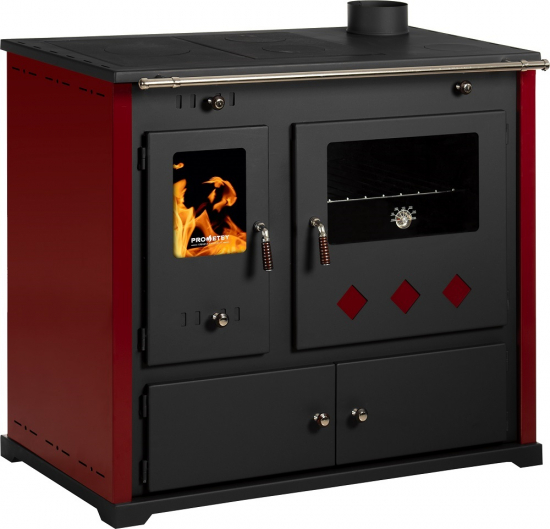 EEK A+ Küchenofen Holzherd Practik LUX bordeaux, rechte Version - 9,5 kW, ext. Zuluft - Dauerbrand