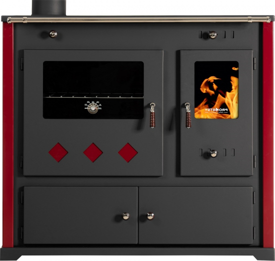EEK A+ Küchenofen Holzherd Practik LUX bordeaux, linke Version - 9,5 kW, ext. Zuluft - Dauerbrand