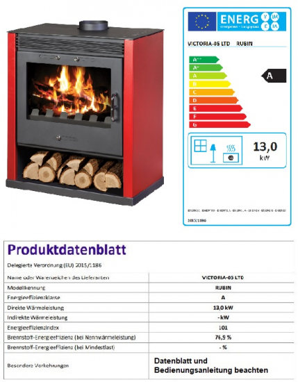 EEK A Kaminofen Victoria Rubin rot mit XXL-Sichtscheibe – 13kW