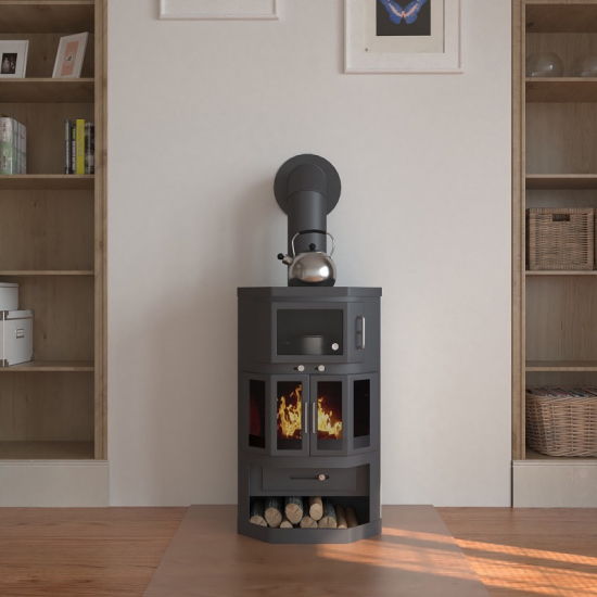 EEK A Kaminofen mit Backfach+Herdplatte Victoria Taro 2F, schwarz – 9,53 kW