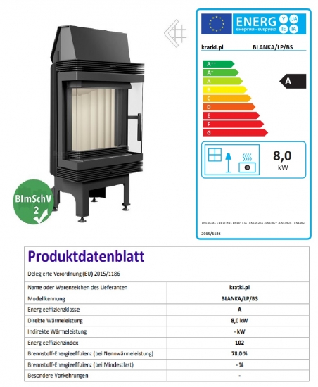 *EEK A - Kamineinsatz mit 3 Scheiben Kratki BLANKA/LP/BS - 8 kW