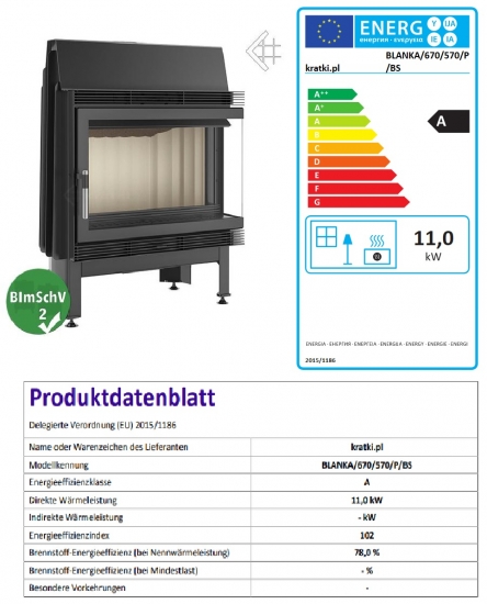 *EEK A - Eck-Kamineinsatz Kratki BLANKA 670/570/P/BS Seitenscheibe rechts - 11 kW