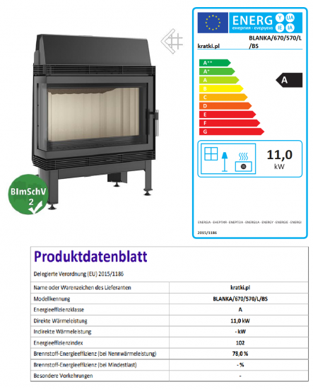 *EEK A - Eck-Kamineinsatz Kratki BLANKA 670/570/L/BS Seitenscheibe links - 11 kW