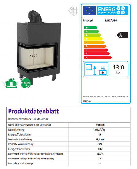 EEK A - Eck-Kamineinsatz Kratki MBZ 13, Seitenglas links - 13 kW