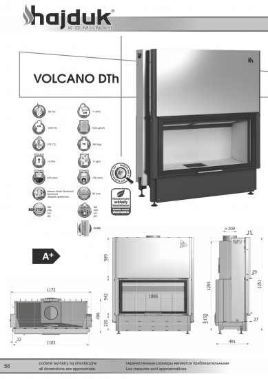 EEK A+ Kamineinsatz HAJDUK VOLCANO DTH Stahl Schiebetür Türhöhe 51 cm 11 kW