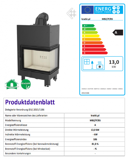 EEK A - Eck-Kamineinsatz Kratki MBZ 13, Seitenglas rechts - 13 kW