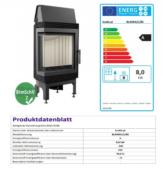 *EEK A - Eck-Kamineinsatz Kratki BLANKA/L/BS Seitenscheibe links - 8 kW
