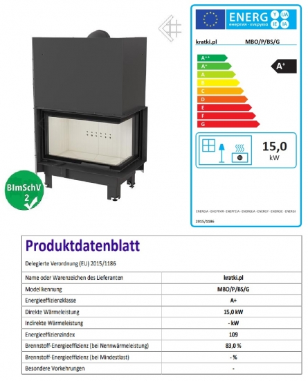 EEK A+ Eck-Kamineinsatz Kratki MBO/P/BS/G 15 Schiebetür, Seitenscheibe rechts - 15 kW
