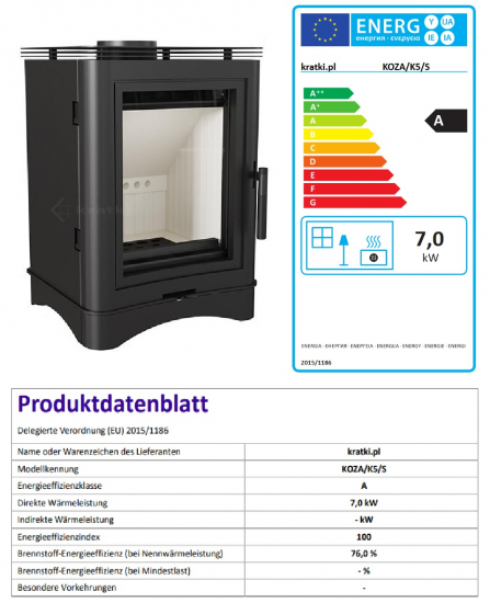 *EEK A - Kaminofen Kratki KOZA K5 S aus Stahl - 7 kW