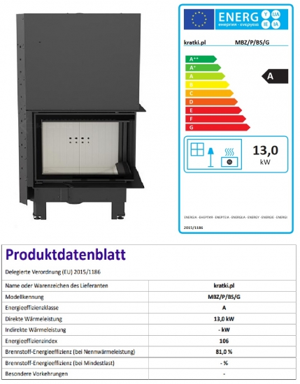 EEK A - Eck-Kamineinsatz Kratki MBZ 13 mit Schiebetür, Seitenglas rechts - 13 kW