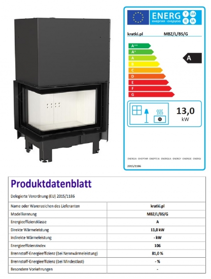 EEK A - Eck-Kamineinsatz Kratki MBZ 13 mit Schiebetür, Seitenglas links - 13 kW