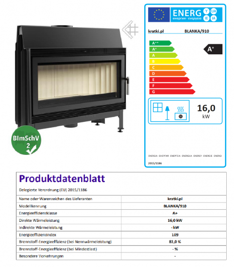 EEK A+ - Kamineinsatz Kratki BLANKA 910 - 16 kW