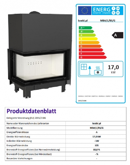 *EEK A - Kamineinsatz Kratki MBA 17 mit Seitenscheibe links und Schiebetür - 17 kW