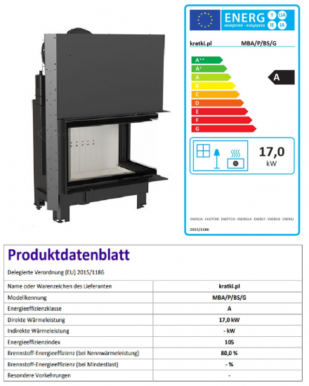EEK A - Kamineinsatz Kratki MBA 17 mit Seitenscheibe rechts und Schiebetür - 17 kW