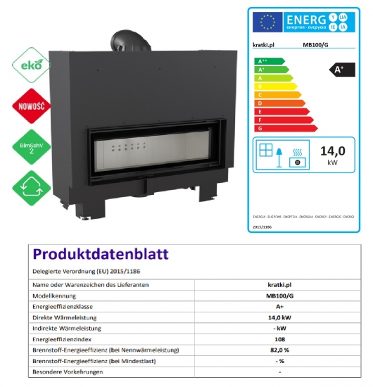 EEK A - Extra breiter Kamineinsatz Kratki MB 100 mit Hebetür mit 14 kW