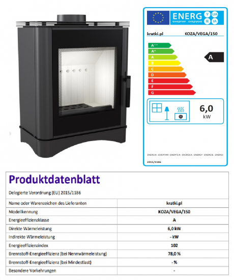 *EEK A - Kaminofen Kratki KOZA Vega mit Glasfront, RR 150 mm - 6 kW