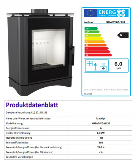 *EEK A - Kaminofen Kratki KOZA Vega mit Glasfront, RR 130 mm - 6 kW