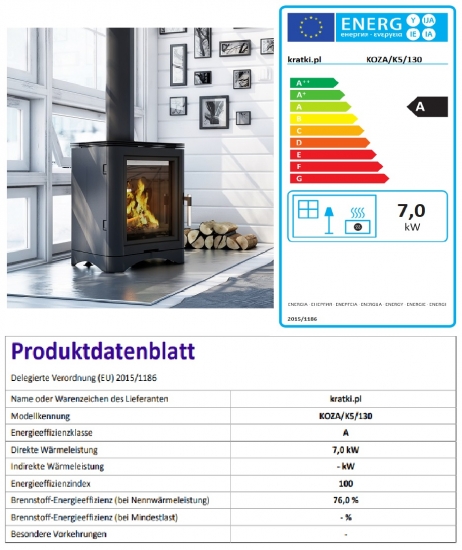 *EEK A - Guss-Kaminofen Kratki KOZA K5 mit RRØ 130 mm - 7 kW