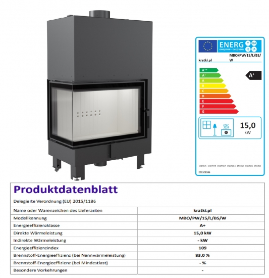 *EEK A+ Wasserführender Eck-Kamineinsatz Kratki MBO PW 15 links BS mit Klapptür - 15kW