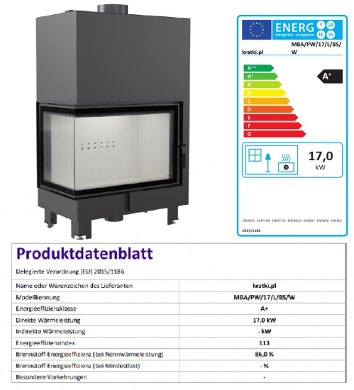*EEK A+ Wasserführender Eck-Kamineinsatz Kratki MBA PW 17 links BS mit Klapptür - 17kW