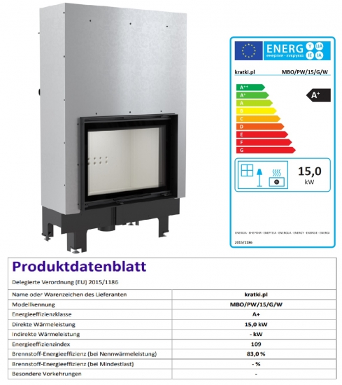 *EEK A+ Wasserführender Kamineinsatz Kratki MBO/PW/15/G/W mit Hebetür - 15kW