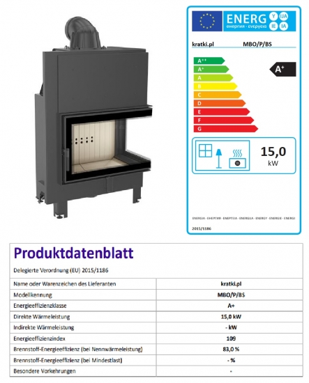 EEK A+ - Eck-Kamineinsatz Kratki MBO 15 rechts - 15 kW