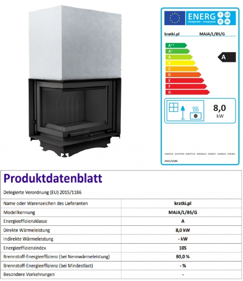 EEK A - Eck-Guss-Kamineinsatz Kratki MAJA/L/BS/G Hebetür mit Seitenglas links - 8kW + BIMSCHV II