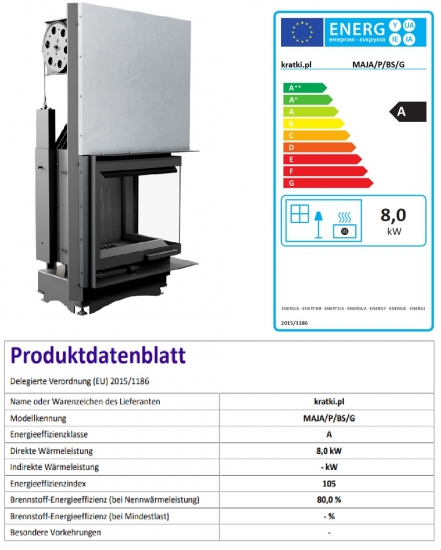 EEK A - Eck-Guss-Kamineinsatz Kratki MAJA/P/BS/G Hebetür mit Seitenglas rechts - 8kW + BIMSCHV II