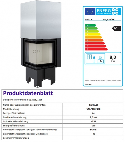 EEK A+ ECK-Kamineinsatz Kratki VNL/480/480 links, gleichschenklig mit Schiebetür - 8 kW