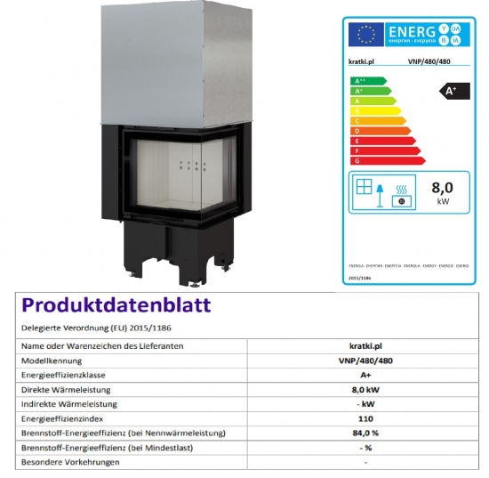 EEK A+ ECK-Kamineinsatz Kratki VNP/480/480 rechts, gleichschenklig mit Schiebetür - 8 kW