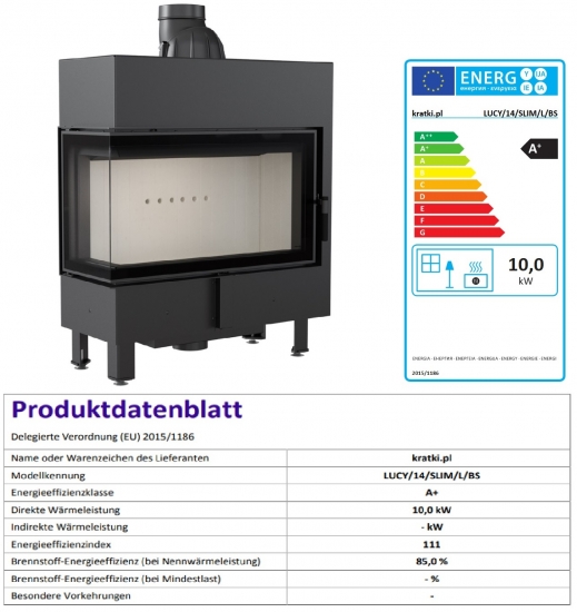 *EEK A+ Eck-Kamineinsatz Kratki LUCY/14/SLIM/L/BS mit Seitenglas links - 10kW