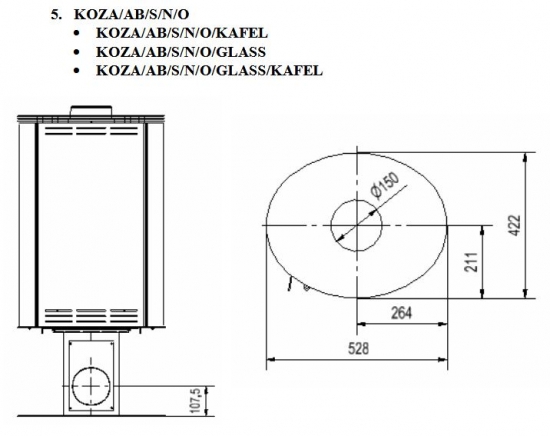 *EEK A - 360° drehbarer Kaminofen Kratki KOZA AB S NO mit schwarzen Kacheln - 8 kW