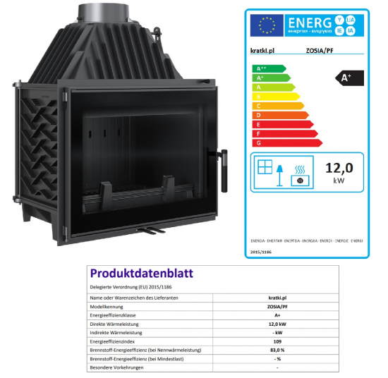 *EEK A+ Gusskamineinsatz Kratki ZOSIA ECO 12, raumluftunabh. + BISMSCHV II - 12kW