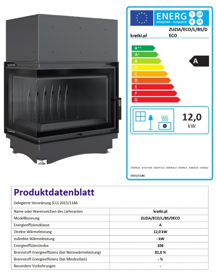 *EEK A Eck-Gusskamineinsatz Kratki ZUZIA ECO 12 DECO, links + BISMSCHV II - 12kW