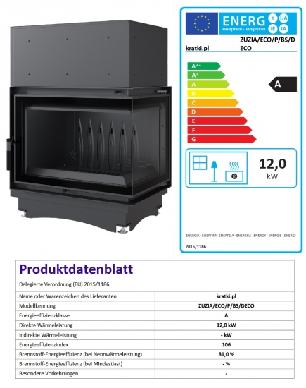 *EEK A Eck-Gusskamineinsatz Kratki ZUZIA ECO 12 DECO, rechts + BISMSCHV II - 12kW