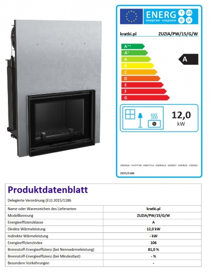 *EEK A Wasserführender Kamineinsatz ZUZIA/PW/15/G/W - 12kW Hebetür + BIMSCHV II
