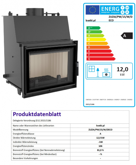 *EEK A Wasserführender Kamineinsatz ZUZIA/PW/15/W/DECO - 12kW + BIMSCHV II