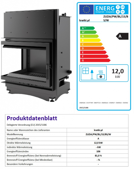 *EEK A Wasserführender Eck-Kamineinsatz Kratki ZUZIA/PW/BL/15/BS/W Seitenscheibe links 12kW + BIMSCHV II