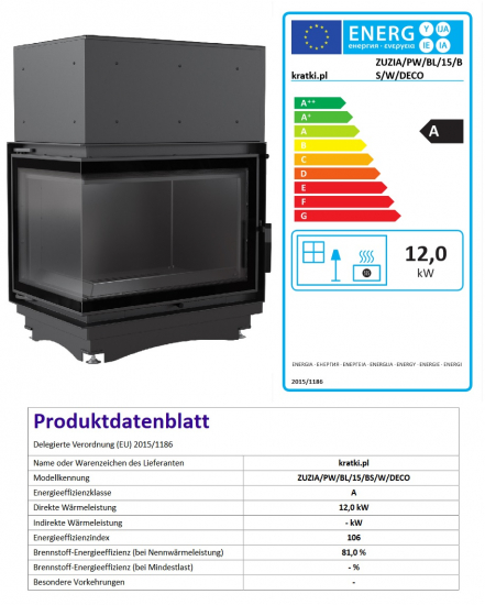 *EEK A Wasserführender Eck-Kamineinsatz Kratki ZUZIA/PW/BL/15/BS/W/DECO Seitenscheibe links 12kW + BIMSCHV II