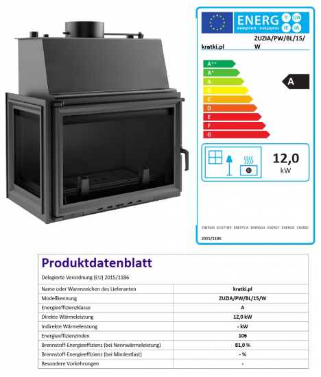 *EEK A Wasserführender Kamineinsatz ZUZIA/PW/BL/15/W links - 12kW + BIMSCHV II