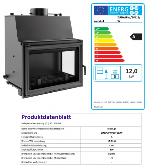 *EEK A Wasserführender Kamineinsatz ZUZIA/PW/BP/15/W rechts - 12kW + BIMSCHV II