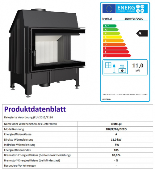 *EEK A Eck-Kamineinsatz Kratki ZIBI/P/BS/DECO rahmenlos - BIMSCHV II - 11kW