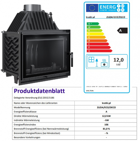 *EEK A Gusskamineinsatz Kratki ZUZIA ECO 12 DECO, raumluftunabh. + BISMSCHV II - 12kW